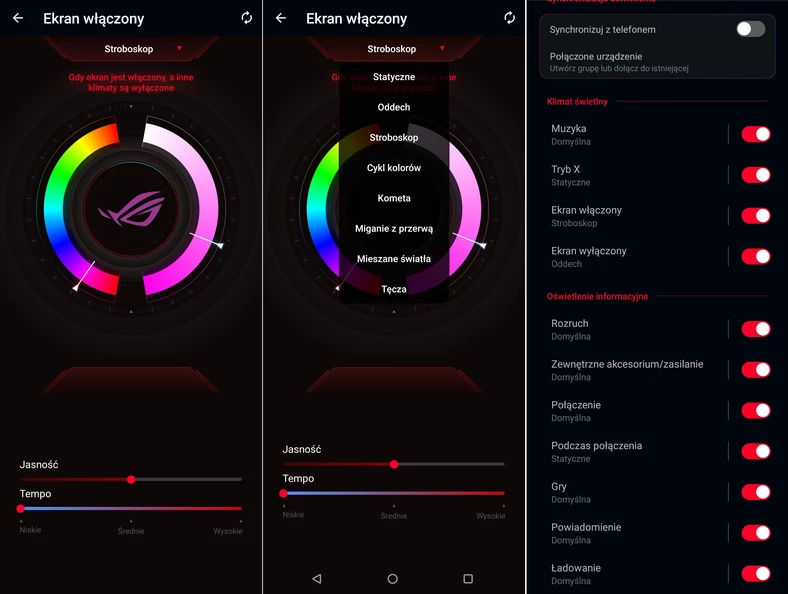 Ustawienia tylnego podświetlenia Aura w smartfonie ROG Phone 5 daje nam wiele możliwości personalizacji jego działania (kliknij, aby powiększyć)