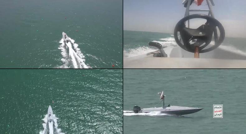 Footage purporting to show a Houthi drone boat.Houthi Media Center/Screengrab via X