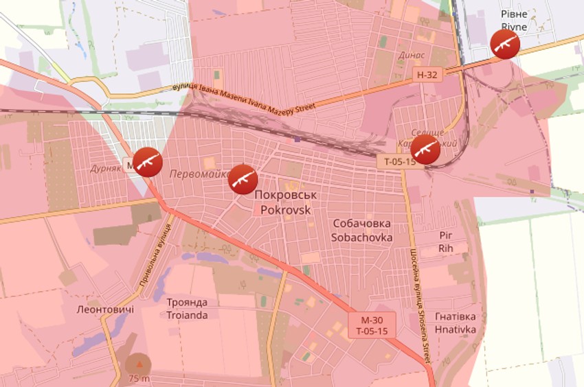 Pokrovsk u crvenom na mapi