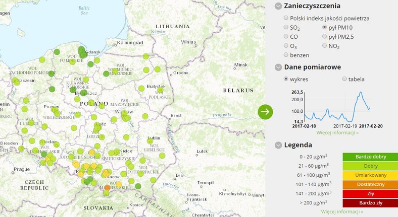 Stężenie pyłu PM10 - 2017-02-20 od godziny 08.00 do 09.00