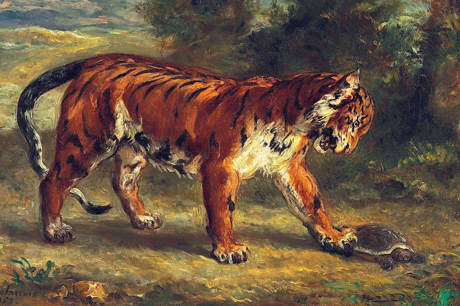 Eugène Delacroix - „Tigre jouant avec une tortue” z kolekcji Peggy i Davida Rockefellerów, sprzedany w 2018 roku za 9 875 tys. dolarów.