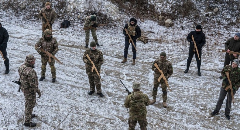 Members of the Kyiv Territorial Defense Unit are trained in an industrial area on January 15, 2022 in Kyiv, Ukraine.