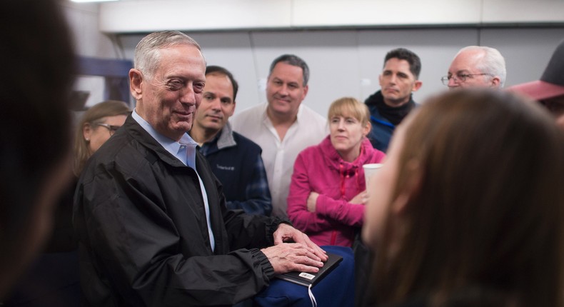 Secretary of Defense James Mattis answering questions from the press during a flight to South Korea on Wednesday.