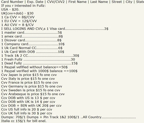 Oferta sprzedaży fałszywych kart kredytowych na jednym z forów. fot. G Data.