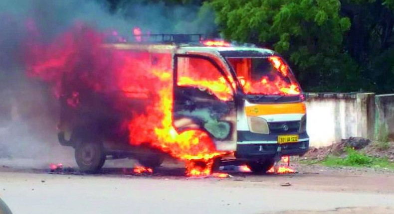 File image of a van on fire. Several narrowly escape death after ambulance bursts into flames