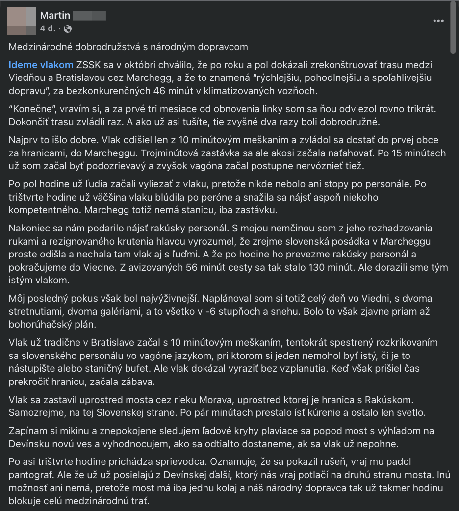 Martin opísal dramatickú jazdu vlakom z Bratislavy do Viedne. 