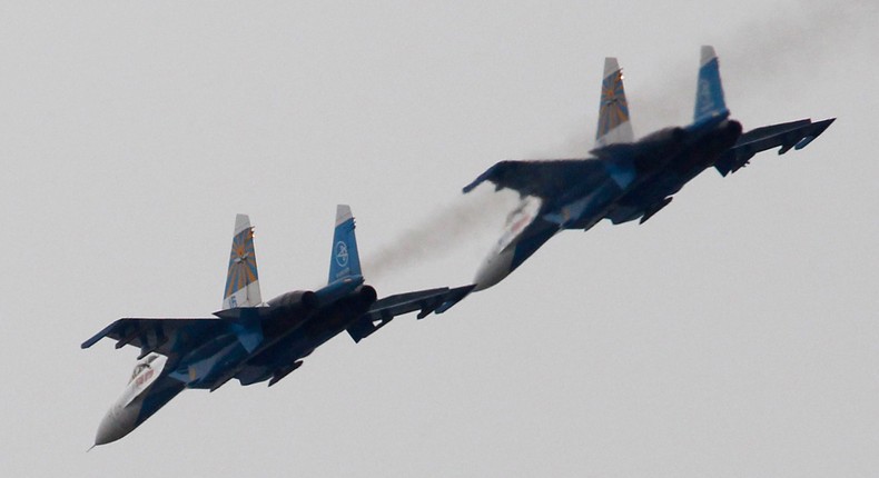 Russian Air Force Su-27 jet fighters perform during the 2011 MAKS International Aviation and Space Salon in Zhukovsky. Image used for illustration purposes only.REUTERS/Sergei Karpukhin