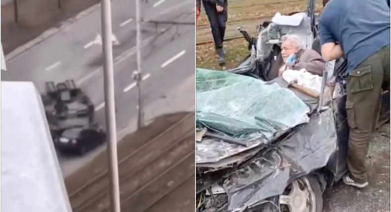 An elderly Ukrainian man appears to have been rescued after a video seemed to show a Russian tank running over his car.