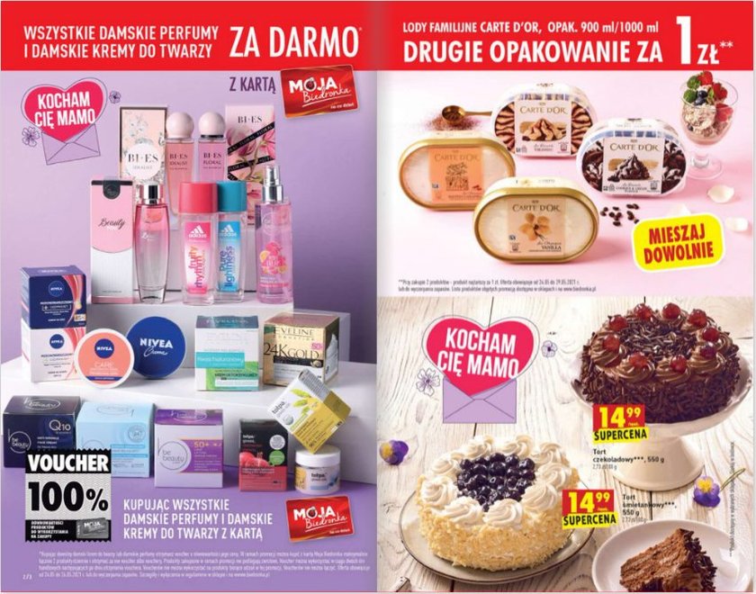 Promocja na kosmetyki i perfumy "wszystkie damskie perfumy i kremy do twarzy za darmo" obowiązuje do Dnia Matki włącznie