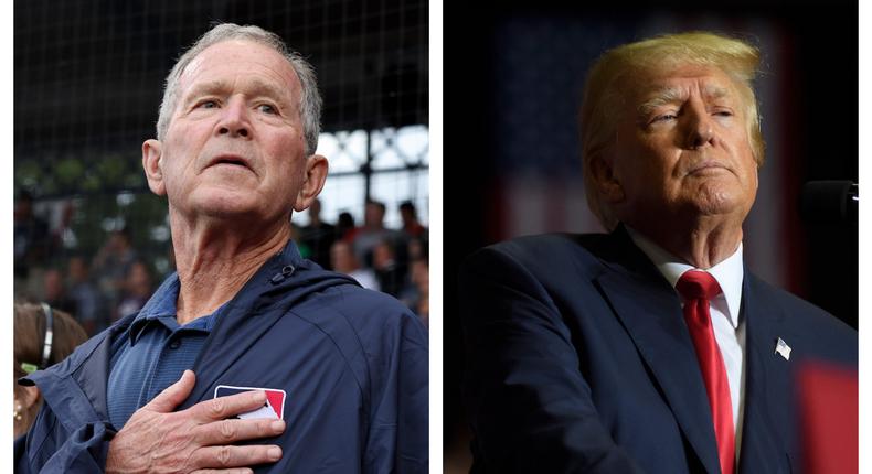 Former US President George W. Bush stands for the national anthem before the game between the Boston Red Sox and the Baltimore Orioles at Oriole Park at Camden Yards on Sunday, August 21, 2022 in Baltimore, Maryland; Former US President Donald Trump speaks at a Save America Rally to support Republican candidates running for state and federal offices in the state at the Covelli Centre on September 17, 2022 in Youngstown, Ohio.