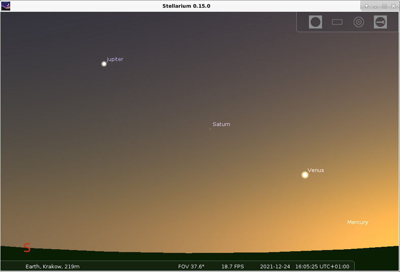 Południowo-zachodnie niebo nad Krakowem, wieczór wigilijny, godzina 16 Za zachodzącym Słońcem kolejno podążają planety: Merkury, Wenus, Jowisz, Saturn Powyżej i na południe (S) od Jowisza jest Neptun, niewidoczny na mapce