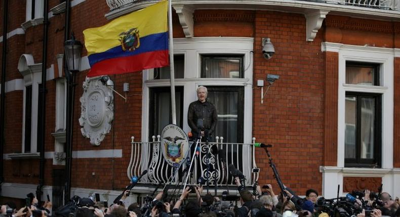 Wikileaks founder Julian Assange speaks on the balcony of the Embassy of Ecuador in London on May 19, 2017