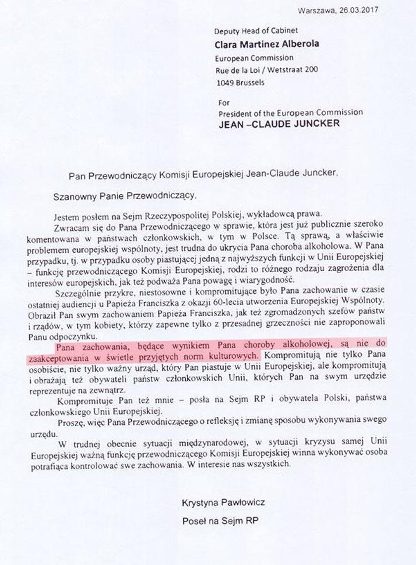 Krystyna Pawłowicz pisze do Junckera o "chorobie alkoholowej"