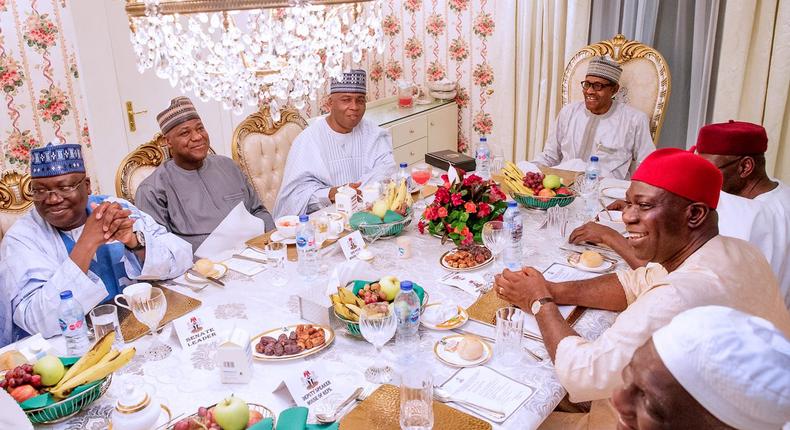 President Buhari hosts the Leadership of the National Assembly to the breaking of the Ramadan fast, at the State House [Twitter @NGRPresident]