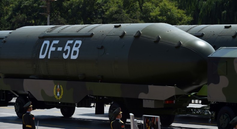 A DF-5B missile is displayed in a military parade at Tiananmen Square in Beijing on September 3, 2015