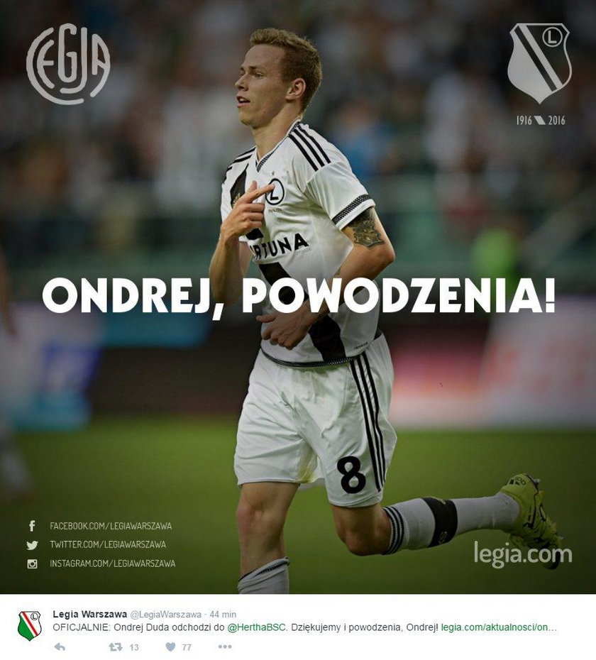 Ondrej Duda odchodzi do Herthy Berlin. Legia Warszawa potwierdziła transfer