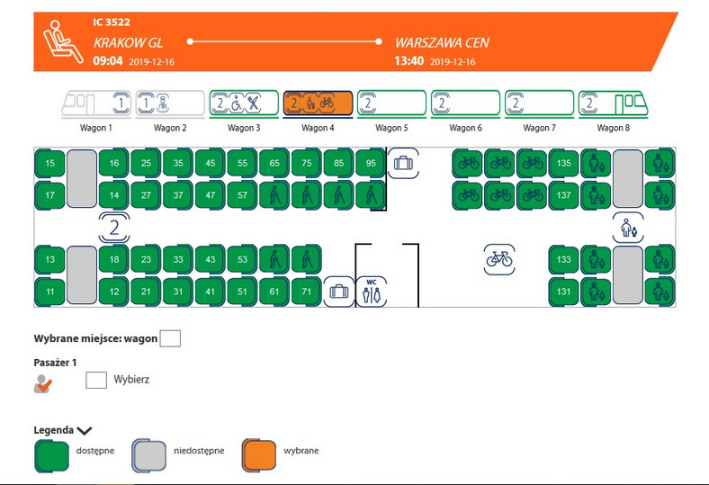 Wizualizacja miejsc w konkretnym wagonie PKP
