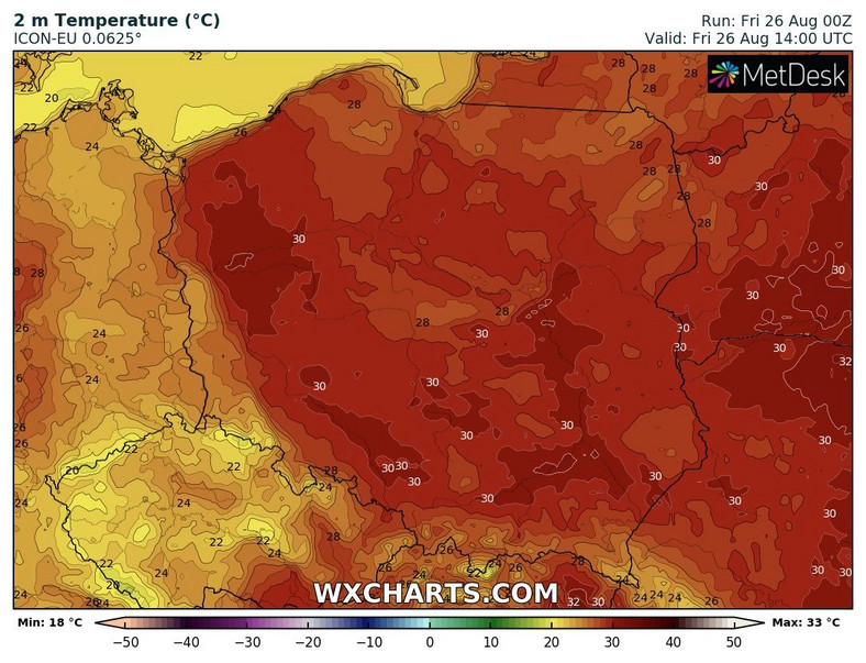 W większości kraju będzie ok. 30 st. C