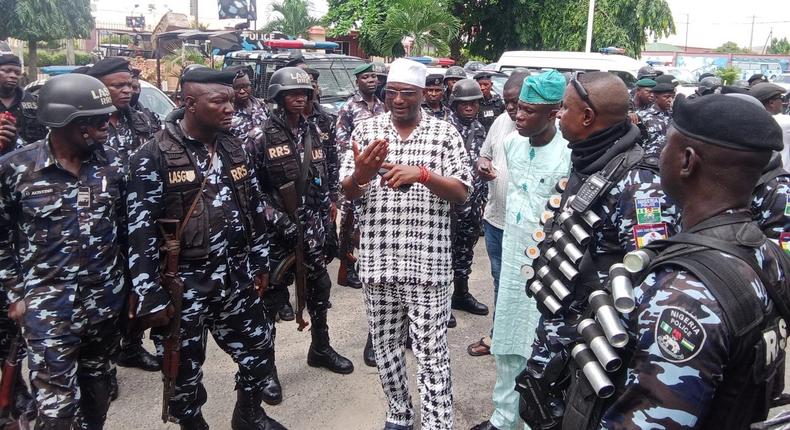 Alhaji Ganiyu Egunjobi the Executive Chairman, Agege LG, addressing the security personnel during the public enlightenment on Friday. [NAN]