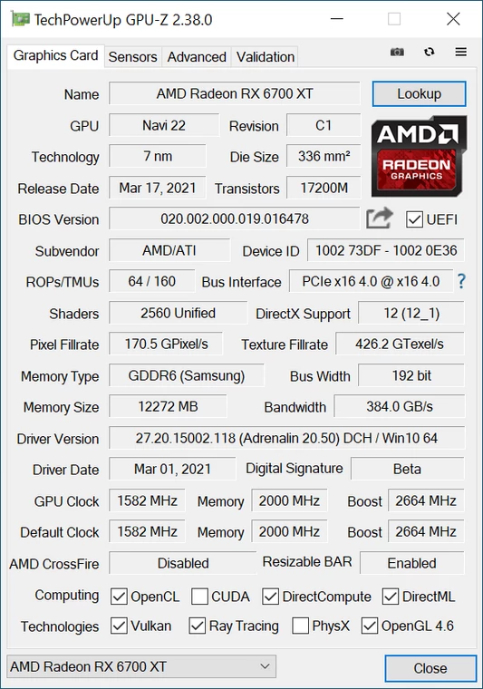 AMD Radeon RX 6700 XT – GPU-Z – dokładna specyfikacja układu