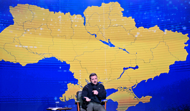 Prezydent Ukrainy Wołodymyr Zełenski na konferencji prasowej, 19 grudnia 2023 r.