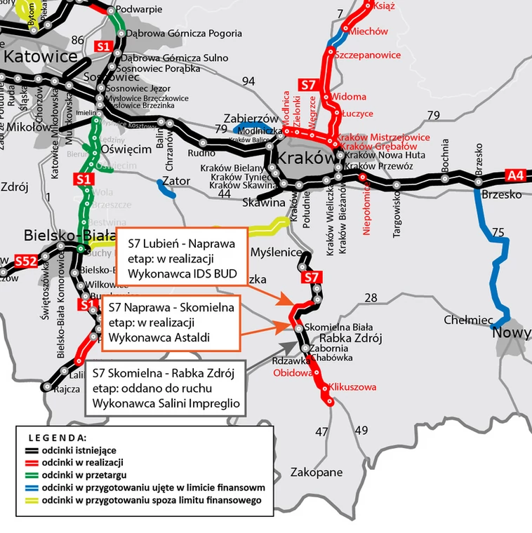 Mapa stanu budowy Zakopianki (droga ekspresowa S7)