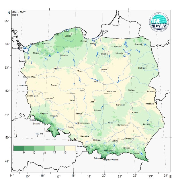 Przestrzenny rozkład średniej miesięcznej temperatury powietrza w maju 2023 r.