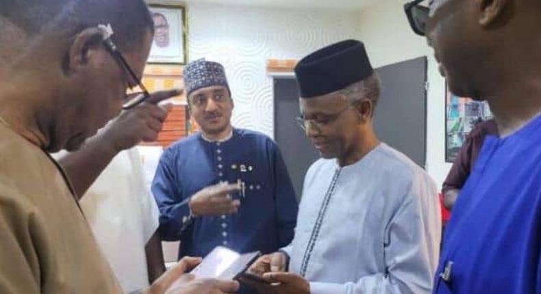 Middle: National Chairman of the Social Democratic Party (SDP), Shehu Musa Gabam and Mallam Nasir El-Rufai during the latter's visit to the SDP's secretariat. [Leadership]