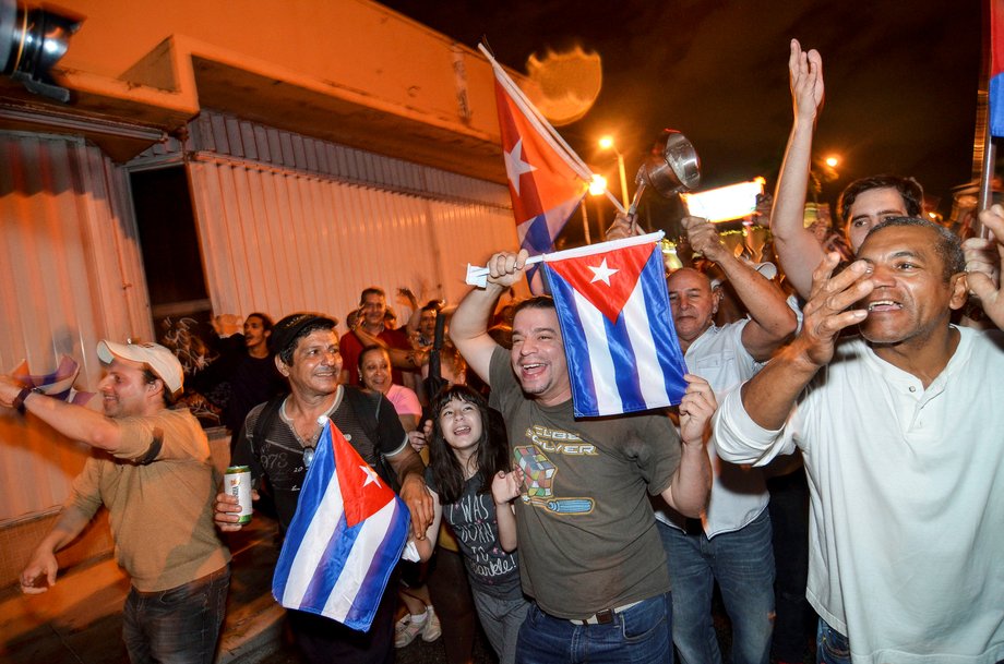 People celebrate the death of Cuban leader Fidel Castro, in Little Havana, Miami, Florida, U.S. November 26, 2016.