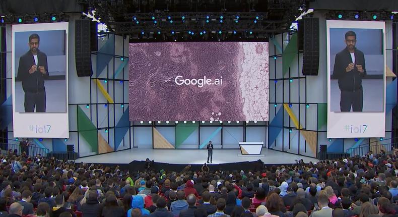 Google CEO Sundar Pichai on stage at the 2017 I/O conference