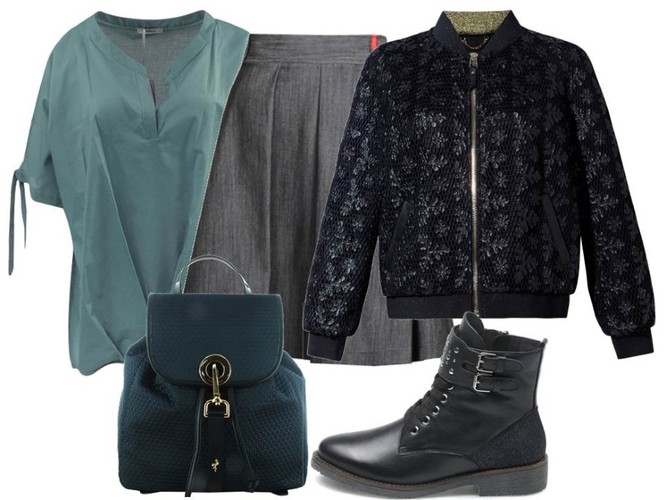 Modne drapowania na jesień 2018: bluzka-Fablu/fablu.pl, spódniczka-Midori Feminine Fashion/midori.pl, kurtka-Boca/boca.pl, buty-Caprice/caprice.pl, plecak-Menbur/menbur.pl