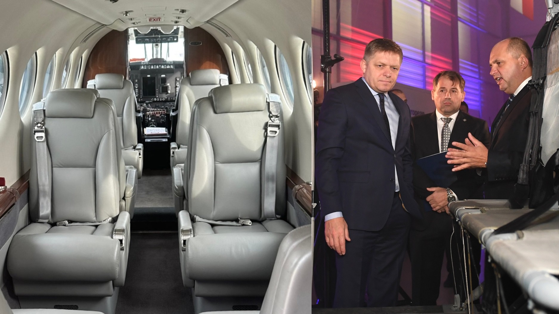 Interiér lietadla a Robert Fico po boku Jaroslava Strnada