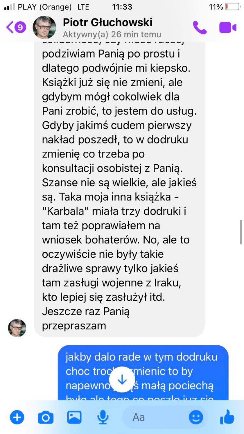 Screeny rozmów Joanny skiby z Piotrem Głuchowskim