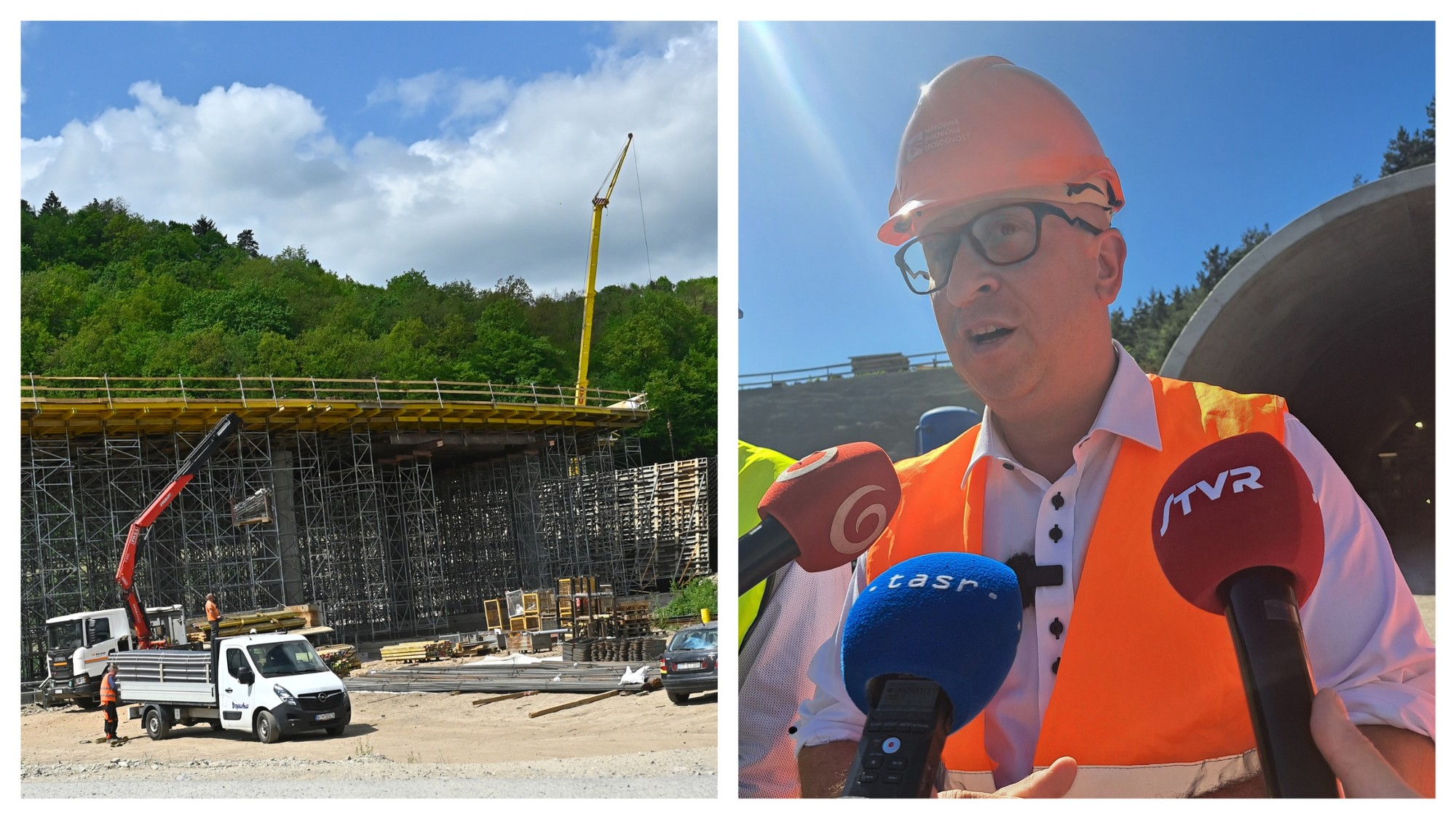 Výstavba R1 Banská Bystrica - Slovenská Ľupča (vľavo) a minister Jozef Ráž ml. (nom Smeru) na inej zo stavieb. 