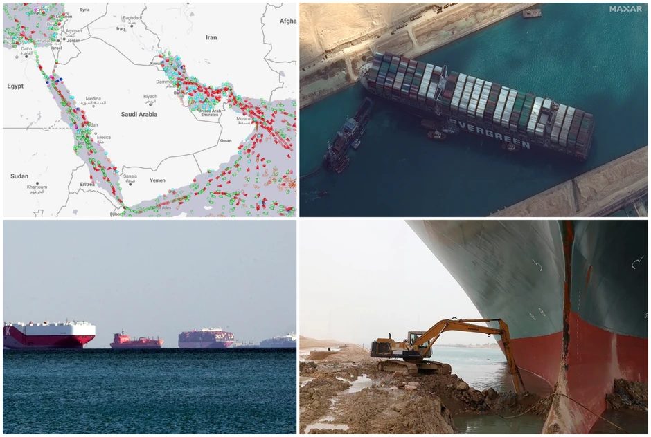 Suecki kanal, zaglavljen brod