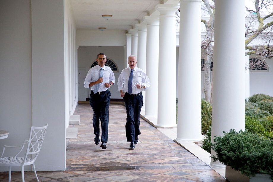 Obama and Biden participate in a "Let's Move!" video taping on the Colonnade of the White House, February 21, 2014.