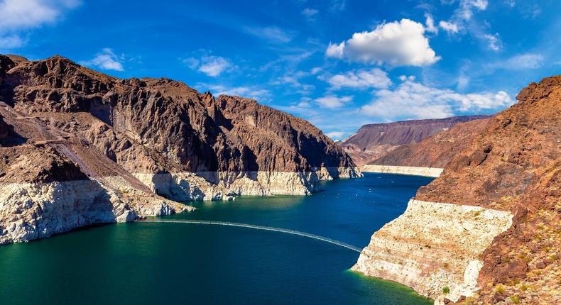 Colorado River. Low water level strip on cliff at lake Mead, taken from the Hoover Dam at Nevada and Arizona border.Getty Images