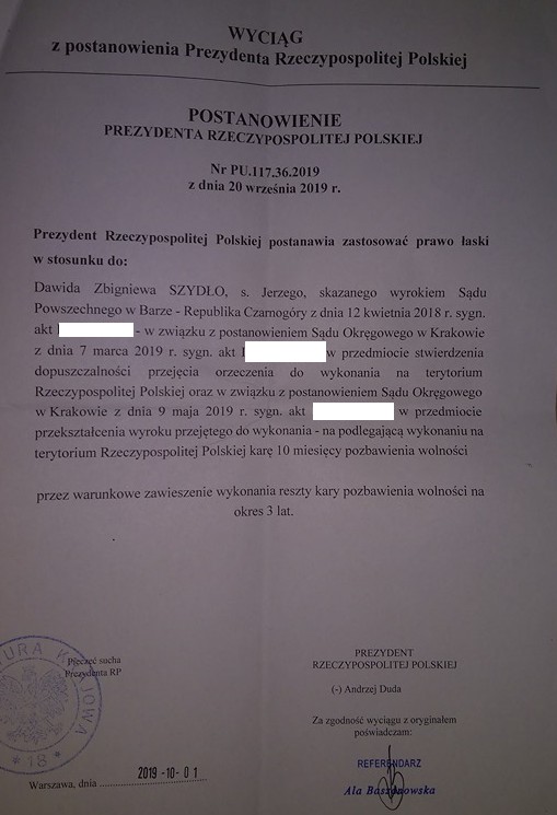 Postanowienie Prezydenta RP w sprawie Dawida Szydło