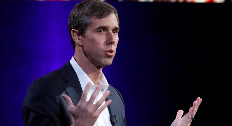 Former Democratic Texas congressman Beto O'Rourke during an interview with Oprah Winfrey live on a Times Square stage at