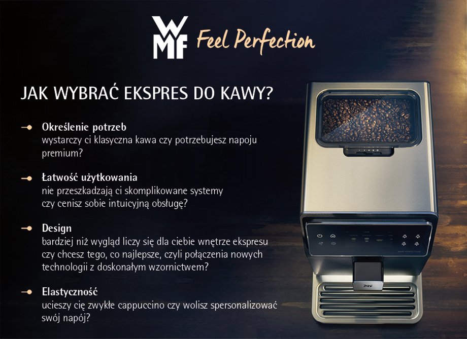 Jak wybrać ekspres do kawy? Określenie potrzeb, łatwość użytkowania, design, elastyczność - infografika