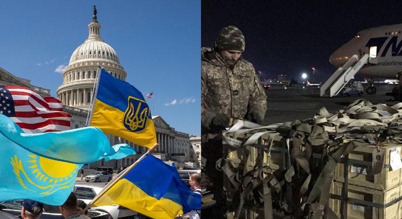 L: Demonstrators holdUkrainian flags outside the Capitol after the House of Representatives voted on legislation providing $95 billion in security assistance to Ukraine, Israel, and Taiwan at Capitol Hill, April 20, 2024. R: US military aid delivered to Ukraine, is unloaded from a plane at the Boryspil International Airport outside Kyiv, Ukraine, February 13, 2022.REUTERS