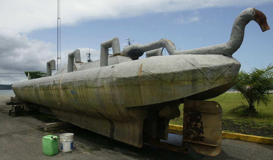 A fiberglass submarine used to smuggle cocaine is seen in Buenaventura June 24, 2008. Colombians who thought they had seen everything in the war on drugs were treated to something new this year: cocaine smuggling in a submarine.
