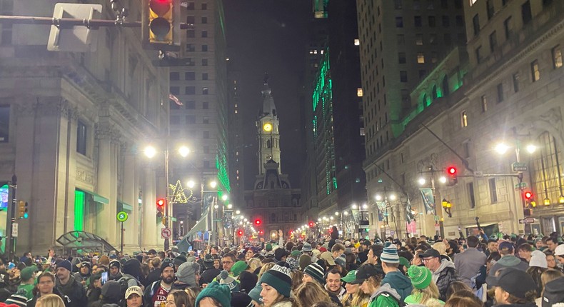 Eagles fans swarm Broad Street in the shadow of City Hall.Tyler Lauletta / Insider