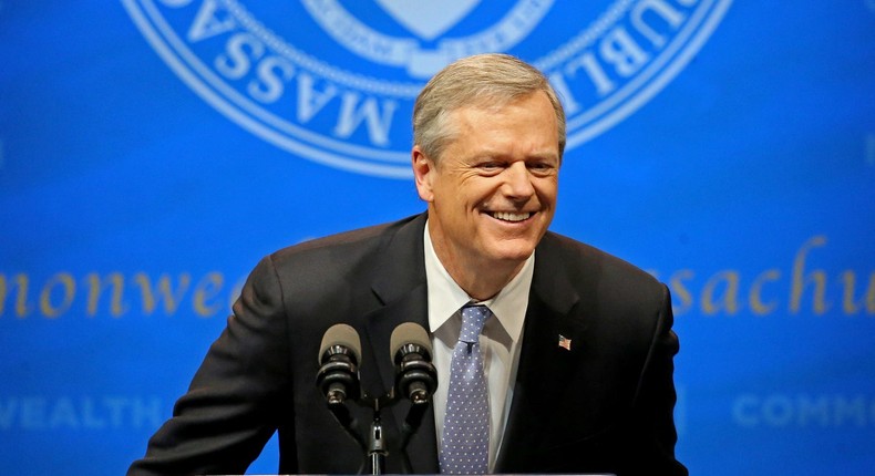 Mass. Gov. Charlie Baker speaks at his State of the State address at the Hynes Auditorium on January 25, 2022 in Boston, Massachusetts.Staff Photo By Stuart Cahill/Boston Herald