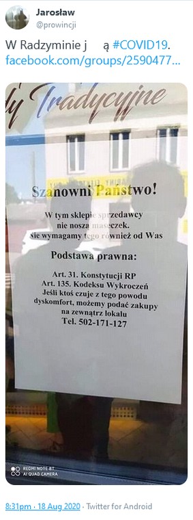 Komunikat na drzwiach cukierni w Radzyminie