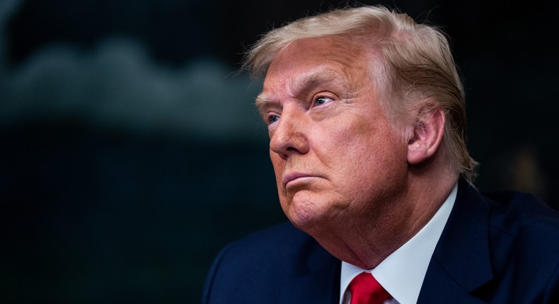 Then-President Donald Trump speaks in the Diplomatic Room of the White House on Thanksgiving on November 26, 2020 in Washington, DC.