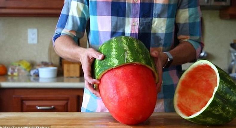 Mark Rober shows how to creatively skin watermelon