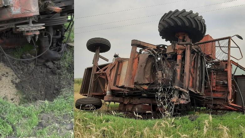 Lej po eksplozji (z lewej) i zniszczony kombajn (z prawej)