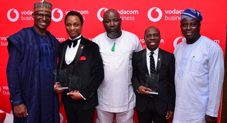 L-R: Chairman, Association of Licensed Telecom Operators of Nigeria (ALTON), Gbenga Adebayo; Managing Director, Vodacom Business Nigeria, Wale Odeyemi; Chief Executive Officer, Communication Week Media, Ken Nwogbo; Commercial Director, Vodacom Business Nigeria, Solomon Ogufere; and Chairman, Association of Telecommunications Companies of Nigeria (ATCON), Olusola Teniola during the 2019 Beacon of ICT Awards held in Lagos…weekend.