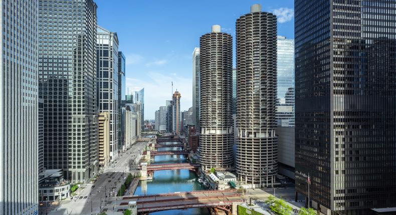 A view of downtown Chicago that showed the Marina City towers, located adjacent to each other on the north side of the Chicago River.Michael Lee/Getty Images